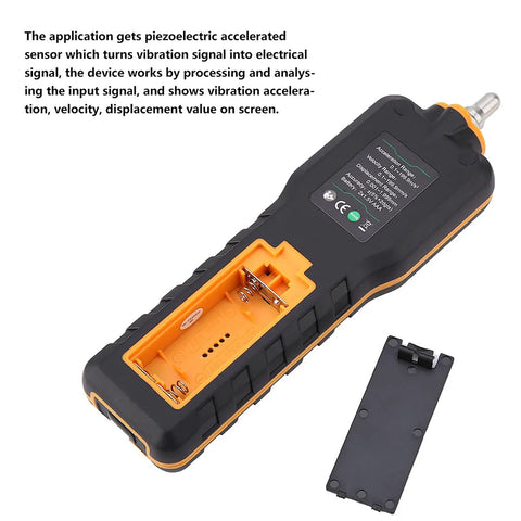 Handheld Vibration Meter And Digital Vibration Analyzer Tester With Portable Vibrometer Sensor Compact On The Go Vibration Meter For Machinery Diagnostics Data Logging And Fault Detection, black ABS plastic, open battery compartment