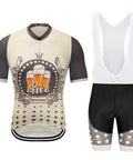 Men's cycling jersey and shorts set with beer graphic, star pattern, short sleeves, and bib shorts, front view.