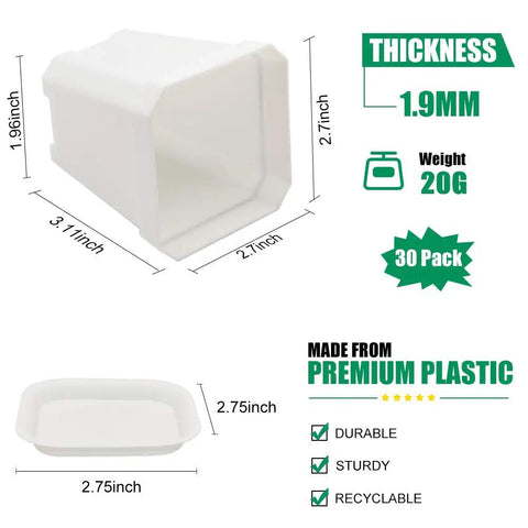 Dimensions and features of 30 Pack 3 Inch White Square Nursery Pots With Drain Holes And Saucers For Seed Starting And Seedlings