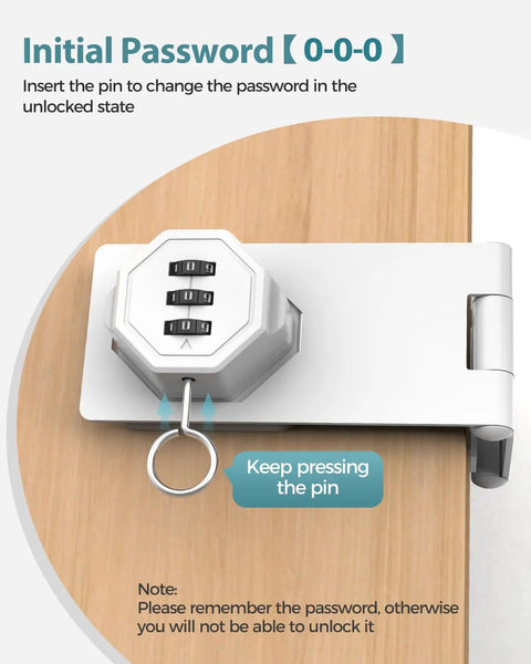Built Like A Tank 90 Degree Cabinet Combination Lock Latch In White Heavy Duty Zinc Alloy Digital Lock Set For Office Files And Home Drawers Rust Proof Storage Hardware Smooth Fit showing initial password setup.
