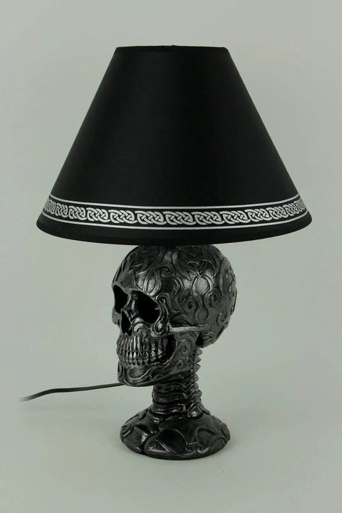 Light Of Wisdom Gothic Tribal Skull Table Lamp With Shade Dope Resin Black With Silvery Metallic Finish UL Listed Rocker Switch