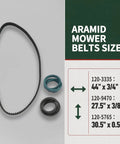 Three Piece Lawn Mower Deck Drive Belt Kit For Toro TimeMaster 30 Inch Deck showing belt sizes with aramid material.