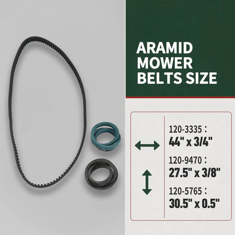 Three Piece Lawn Mower Deck Drive Belt Kit For Toro TimeMaster 30 Inch Deck showing belt sizes with aramid material.