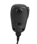 Rear view of handheld microphone speaker for two way radios compatible with Yaesu FT 817 FT 900 FT 450D, beefy ABS build, plug and play.