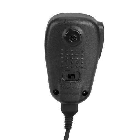 Rear view of handheld microphone speaker for two way radios compatible with Yaesu FT 817 FT 900 FT 450D, beefy ABS build, plug and play.