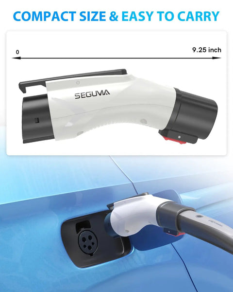 Tesla J1772 EV Charger Adapter Up To 60A 250V IP65 Weatherproof NACS To J1772 Converter shown in use with electric car.