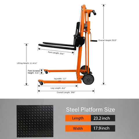 Heavy Duty Manual Winch Material Lift Stacker, 500 Pound Capacity, Sweet 41 Inch Rise, No Sweat Compact Pallet Cart, Easy Roll Gear For Tight Warehouse And Garage Jobs