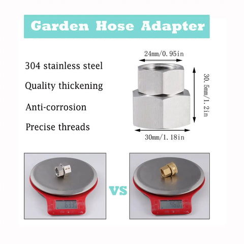 Stainless Steel Garden Hose Adapter Set Three Quarter Inch GHT Female To One Half Inch NPT Female Quick Swivel Connectors 304 Stainless Corrosion Resistant Outdoor Watering Fittings Pack Of Two shown with dimensions