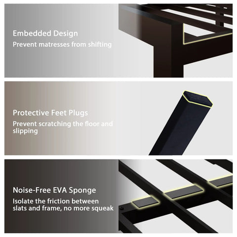 Quick Setup Full Size Metal Bed Frame With Faux Leather Tufted Headboard features embedded design and protective feet plugs for stability.