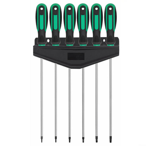 Extended Torx Screwdriver Kit Featuring 6 Pieces T10 To T30 With 420mm Long Magnetic Rod For Deep Reach Repairs In Engines And Electronics black-green handles