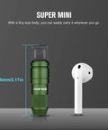 Mini USB Rechargeable Keychain Flashlight With 50 Lumen Output Ultra Compact Portable EDC Light in OD Green next to earbud