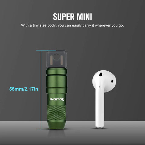 Mini USB Rechargeable Keychain Flashlight With 50 Lumen Output Ultra Compact Portable EDC Light in OD Green next to earbud