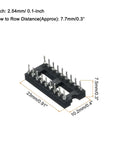 4 Pack DIP IC Socket Adapter With Round Pins 18 Pin 2.54mm Pitch Double Row IC Socket 7.7mm Black shown with measurements.