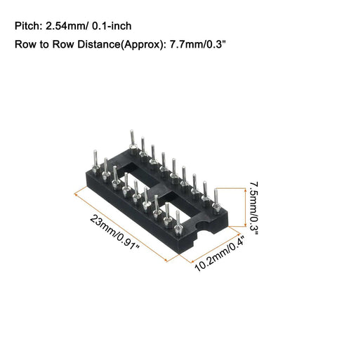 4 Pack DIP IC Socket Adapter With Round Pins 18 Pin 2.54mm Pitch Double Row IC Socket 7.7mm Black shown with measurements.