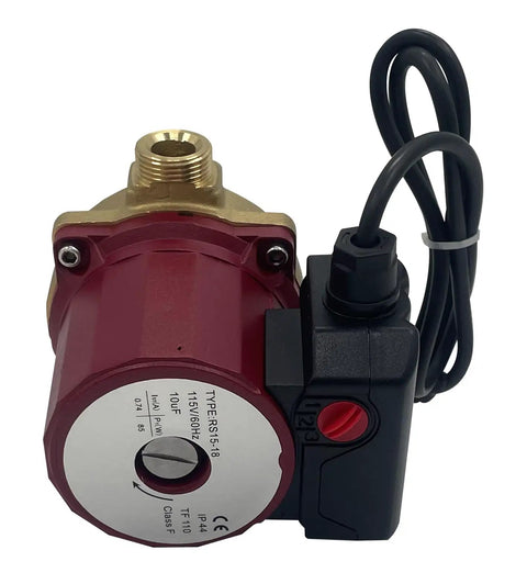 Top Tier 115V 1 25Hp Circulator Pump With One Half Inch Sweat Connections, red and black unit with electrical cord.