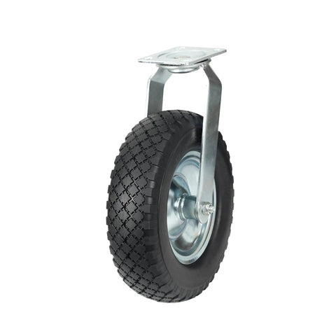 12 Inch Flat Free Foam Filled Rubber Swivel Caster Is Tough As Nails With 330 Lb Capacity And Wide Knobby Tread For Killer Grip On Rough Terrain Non Marking Build Double Ball Bearings Give You A Smooth Operator Ride Indoors Or Outdoors