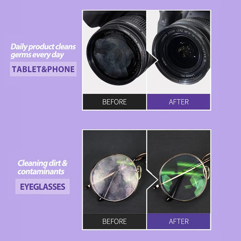 Amazon Lens Wipes 100ct for eyeglasses and camera lenses; collage showing before/after cleaning for eyewear and lenses.