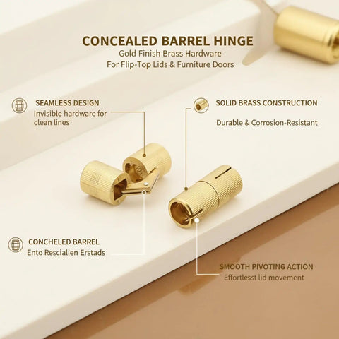 Gold Finish Concealed Barrel Hinge for woodworking with hidden pivot hardware and seamless design on white surface