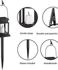 8 Pack Solar Hanging Lanterns Outdoor With Candle Effect Warm White Light, easy to hang, includes hooks, clamps, and stakes.
