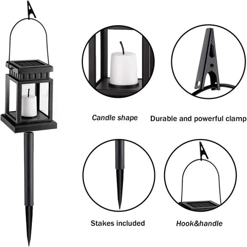 8 Pack Solar Hanging Lanterns Outdoor With Candle Effect Warm White Light, easy to hang, includes hooks, clamps, and stakes.