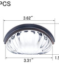 Three Inch Hole Centers Clear Glass Cabinet Cup Pulls With Scalloped Crystal Glass And Oil Rubbed Bronze Base, dimensions shown, pack of 2