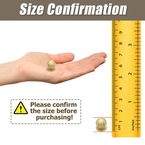 Hand holding 12mm round brass knob with ruler for Set Of 4 Round Solid Brass Cabinet Knobs In Gold Finish Half Inch Diameter 12mm Includes Standard Screws And Screwdriver For Easy Installation Great For Kitchen Cabinets Dressers Jewelry Boxes.