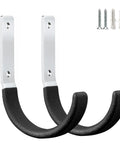 Beefy Steel Garage Hooks Set For Wall Mounts, heavy-duty utility hooks with anti-slip PVC coating, 2-pack, black, includes mounting hardware.