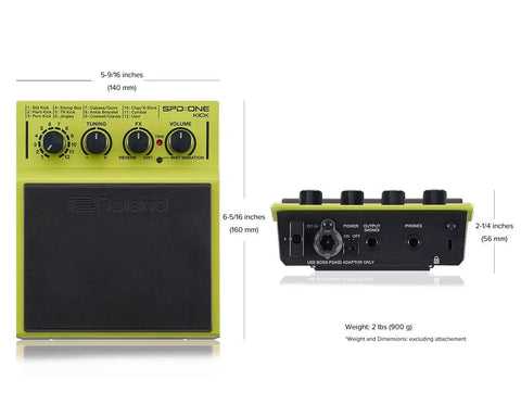 Front and side view of Compact Digital Percussion Pad With 22 Onboard Sounds, Kick Drum Included, SPD-1K Yellow, with dimensions.