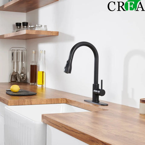 Slick Black Kitchen Faucet With Pull Down Sprayer, Single Handle For RV And Home, 304 Stainless Steel, installed in modern kitchen