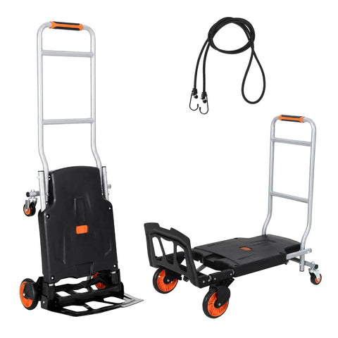 Folding 2-In-1 Hand Truck and Platform Cart for Heavy Duty Loads, 330 Lbs Capacity, Convertible Dolly with 360 Degree Brake Wheels, Lightweight Rustproof Aluminum Steel Frame shown folded and flat