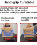 Heavy Duty Electric Stretch Film Dispenser For Pallet Wrapping With Lightning Fast Motor and Auxiliary Turntable, showing hand-grip turntable use.