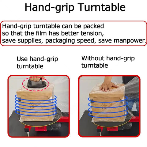 Heavy Duty Electric Stretch Film Dispenser For Pallet Wrapping With Lightning Fast Motor and Auxiliary Turntable, showing hand-grip turntable use.