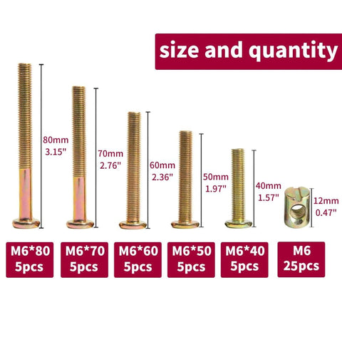 All In One Crib Hardware Replacement Kit With 25 M6x40mm 50mm 60mm 70mm 80mm Socket Cap Screws And Barrel Nuts size chart