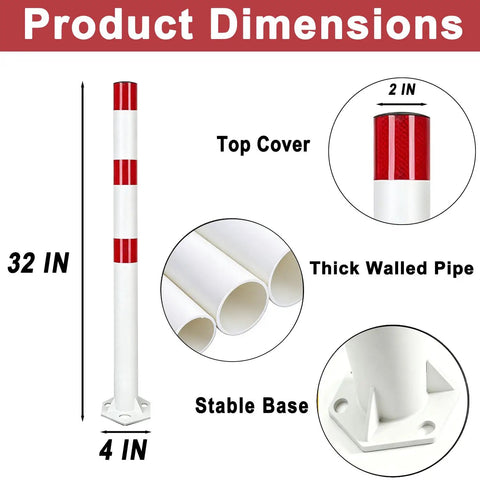 Heavy Duty 32 Inch Stainless Steel Safety Bollards With Bright Reflective Tape Removable Parking Posts For Driveways And Sidewalks Includes Six Concrete Anchors Rock Solid 2 Pack features a stable base and thick walled pipe.