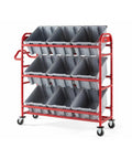 Heavy Duty Red Tote Picking Cart For Warehouse Retail And Office Order Fulfillment With Angled Shelves That Lock In Nine Bins