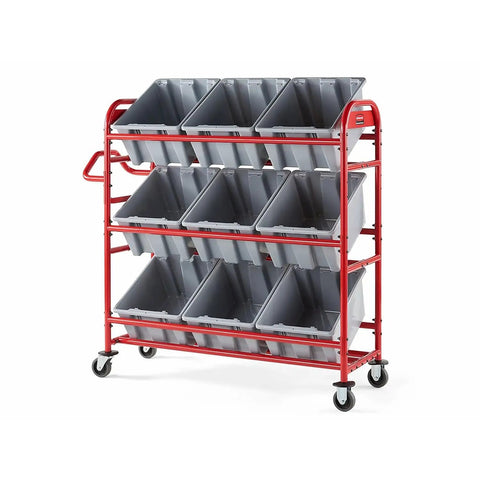 Heavy Duty Red Tote Picking Cart For Warehouse Retail And Office Order Fulfillment With Angled Shelves That Lock In Nine Bins