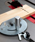 Pro Grade Miter Gauge for Table Saw and Router All Around Woodworking Sled with Multi Angle Scale in use on table saw