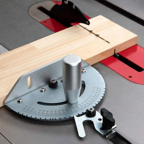 Pro Grade Miter Gauge for Table Saw and Router All Around Woodworking Sled with Multi Angle Scale in use on table saw