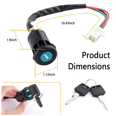 Four Pin Ignition Switch With Key For 50cc To 250cc Motorcycles Scooters ATVs Pocket Bikes And Dirt Bikes with product dimensions shown