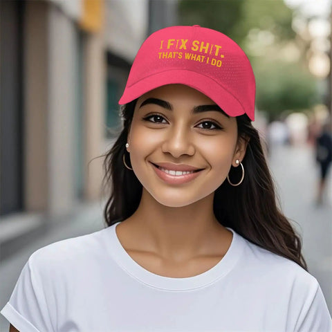 Woman wearing Golf Cap With I Fix Shit Thats What I Do Print Quick Dry Baseball Hat For Him Outdoor Camping Hiking Daywear Cap
