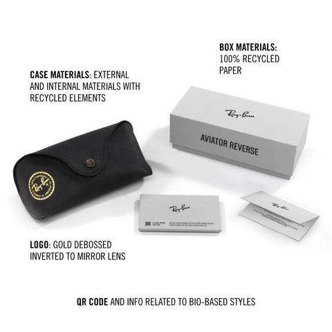 Boyfriend Reverse Sunglasses packaging with eco-friendly case, logo, and QR code, box labeled Aviator Reverse, 56 mm size.