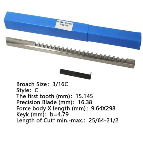 Heavy Duty HSS Keyway Broach For CNC Machines In Inch Size 3 To 16 C With Shim Universal Broaching Cutter displayed in packaging with specs