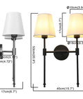 Classic Rustic Double Wall Sconce Lighting Fixture With Flared White Textile Shade And Black Long Arm For Bedroom Bathroom And Hallway, Dope 2 Light Wall Light, E26 LED Compatible, Dimmable with size dimensions