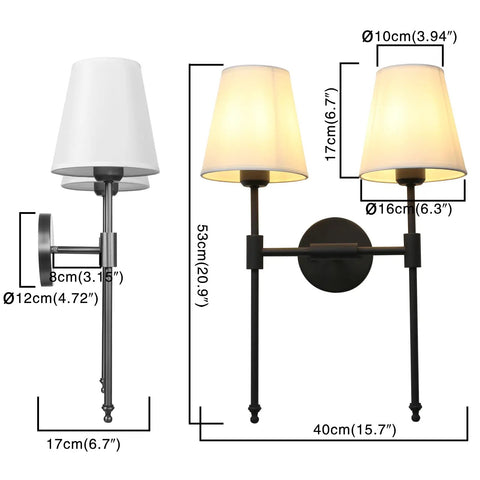 Classic Rustic Double Wall Sconce Lighting Fixture With Flared White Textile Shade And Black Long Arm For Bedroom Bathroom And Hallway, Dope 2 Light Wall Light, E26 LED Compatible, Dimmable with size dimensions