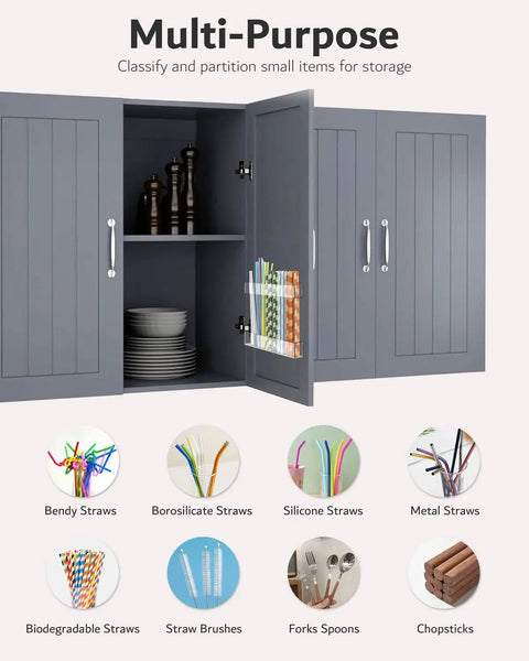 Slick 9.5 Inch Acrylic Straw Organizer Clips Securely To Cabinet Doors With Extra Grippy Adhesive Strips Features Sloped Drainage Base Keeps Countertops Totally Clutter Free And Ready For Use, showcasing multiple straw types in cabinets.