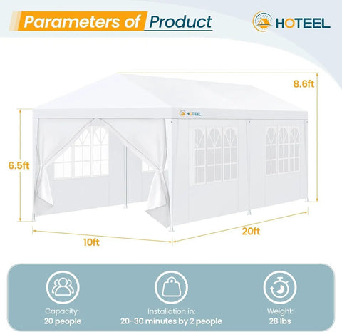 10x20 Ft Outdoor Party Tent Canopy With 6 Removable Sidewalls, shown with dimensions, white color, ideal for 20-30 guests