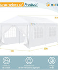 10x20 Ft Party Tent With 6 Removable Sidewalls, Waterproof Outdoor Canopy for Weddings, shown with measurements and features