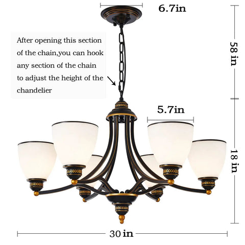 Dope Farmhouse Dining Room Chandelier With Six Frosted Glass Shades Black Metal Pendant Light Fixture Adjustable Height Lighting