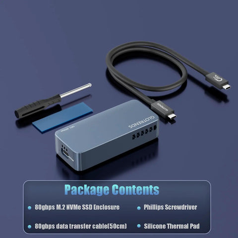 Badass 80Gbps M2 NVMe SSD Enclosure With Intel JHL9480 B2 Controller, accessories including cable and screwdriver.