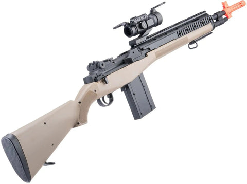 AGM M14 SOCOM Spring Powered Airsoft Rifle Tan Package No Optics No Battery No Charger Included Blaze Orange Tip Preinstalled